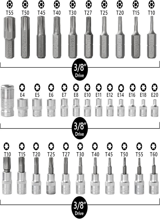 HELLARO Drive Male Female Torx Star Bit Socket E-Socket Set Handheld Tool - 34 Pcs, Star Socket Set For Hand Use Work On Cars, Trucks, Machinery, and Other Jobs With Storage Case, Blue - Image 2